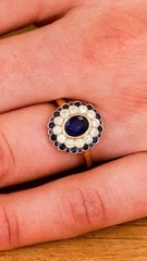 Art Deco Style Oval Cut Sapphire &Lab Created Diamond14K Gold FN Engagement Ring