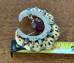Mid Century Crescent Moon W/ Garnet & Aquamarine & Rhinestones, Gold Tone READ