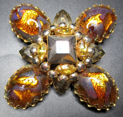 SCHREINER Amazing Tiger Striped Unusual Glass Stone Cross Vintage Pin Brooch