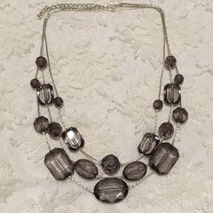 Vintage Silver Tone Smokey Purple Gray Bead 3 Strand Necklace Layered Statement