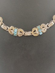 ART DECO REVIVAL Rhodium Plated Panels Clear & Aqua Blue Stones Choker Necklace