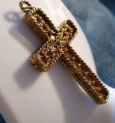 Vintage Large Cross 3″Pendant (Heavy) Braided Goldtone Jade Chipped Stone Cross