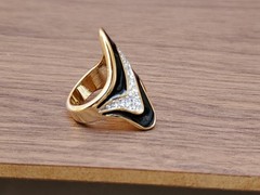 Vintage 18K Yellow Gold Plated Black Enamel And Rhinestones Ring Size 8