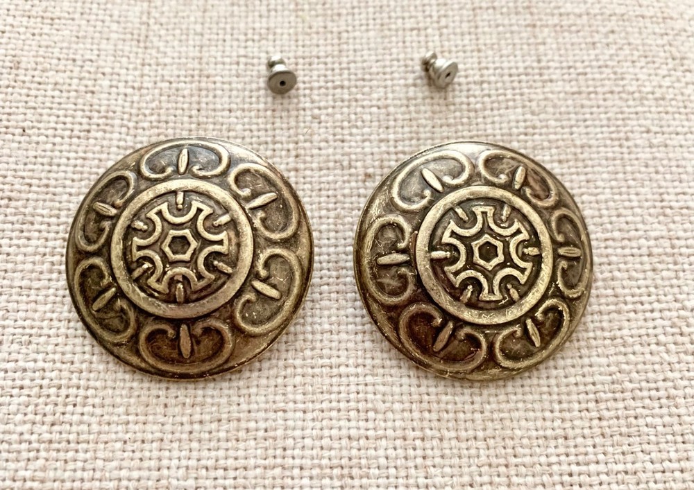 Vintage 1980’s Geometric Button Stud Earrings Antiqued Bronze Starburst Pierced