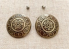 Vintage 1980’s Geometric Button Stud Earrings Antiqued Bronze Starburst Pierced