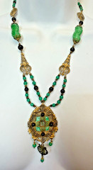 Vintage Necklace Art Deco Green Art Glass Brass Filigree Pendant 20 Inches PJ