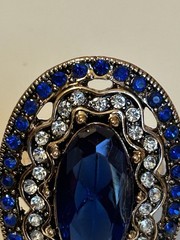 Stunning Vntg Large Gold Tone Blue & Clear Rhinestones Chunky Statement Ring 7