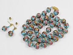 Italy WEDDING CAKE Gold Pink Red Blue Bead Strand NECKLACE Pierced EARRINGS SET