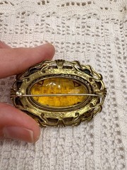Vintage Turn Of Century Czech Topaz Rhinestone Enamel Brass Filigree Brooch
