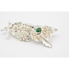 Vintage Crystal Owl Brooch Pin Rhinestone Green Eyes Silver Tone Sparkling Bin1