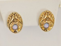 Antique Art Nouveau Repousse Gold Filled Opaline Glass? Screwback Earrings