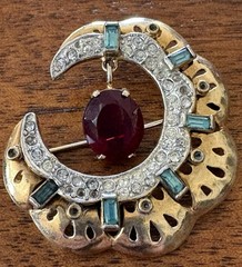 Mid Century Crescent Moon W/ Garnet & Aquamarine & Rhinestones, Gold Tone READ