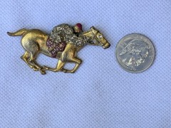 Antique Glass Glitter on Brass Race Horse & Jockey Brooch Pin C Clasp AS IS D92
