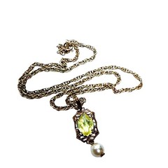 Vintage Filigree Pendant Necklace Yellow Citrine Glass Pearl Drop Gift For Her