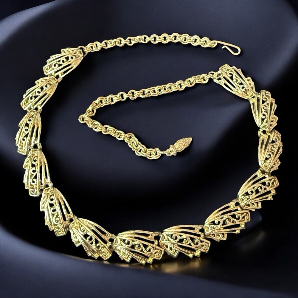 Gold Tone Collar Necklace Vintage Art Deco Revival Statement Link