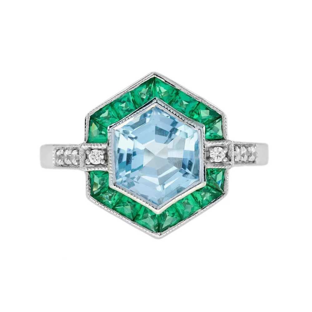 4Ct Art Deco Vintage Aquamarine & Emerald Hexagon 14K White Gold FN Wedding Ring