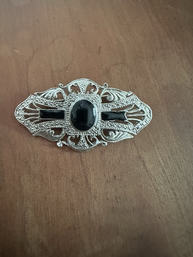 Victorian Reproduction Silver Tone Brooch w/ Black Enamel Accents
