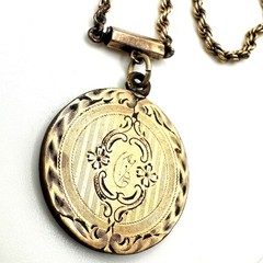 Antique Victorian gold filled twisted rope chain etched disc pendant necklace