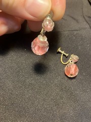 Vintage Pink Crystal Glass Bead Gold Tone Metal Dangle Screw Back Earrings