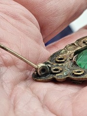 Antique Bohemian Edwardian Art Nouveau Brooch Green Glass Bronze Prong Set Pin