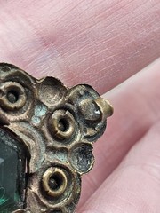 Antique Bohemian Edwardian Art Nouveau Brooch Green Glass Bronze Prong Set Pin