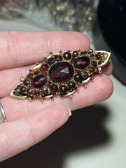 Vintage ART Red Garnet Rhinestone Gold Tone Brooch Pin