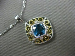 ESTATE 1.14CT DIAMOND & BLUE TOPAZ 14KT 2 TONE GOLD OPEN SQUARE FLOATING PENDANT