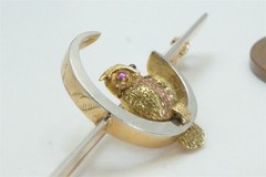 ANTIQUE ENGLISH VICTORIAN 15K GOLD PLATINUM RUBY OWL & MOON BROOCH c1900
