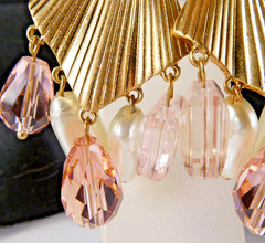 Lovely Chandelier Drop Earrings Pink Glass Crystal & Faux Pearls Gold Tone Post