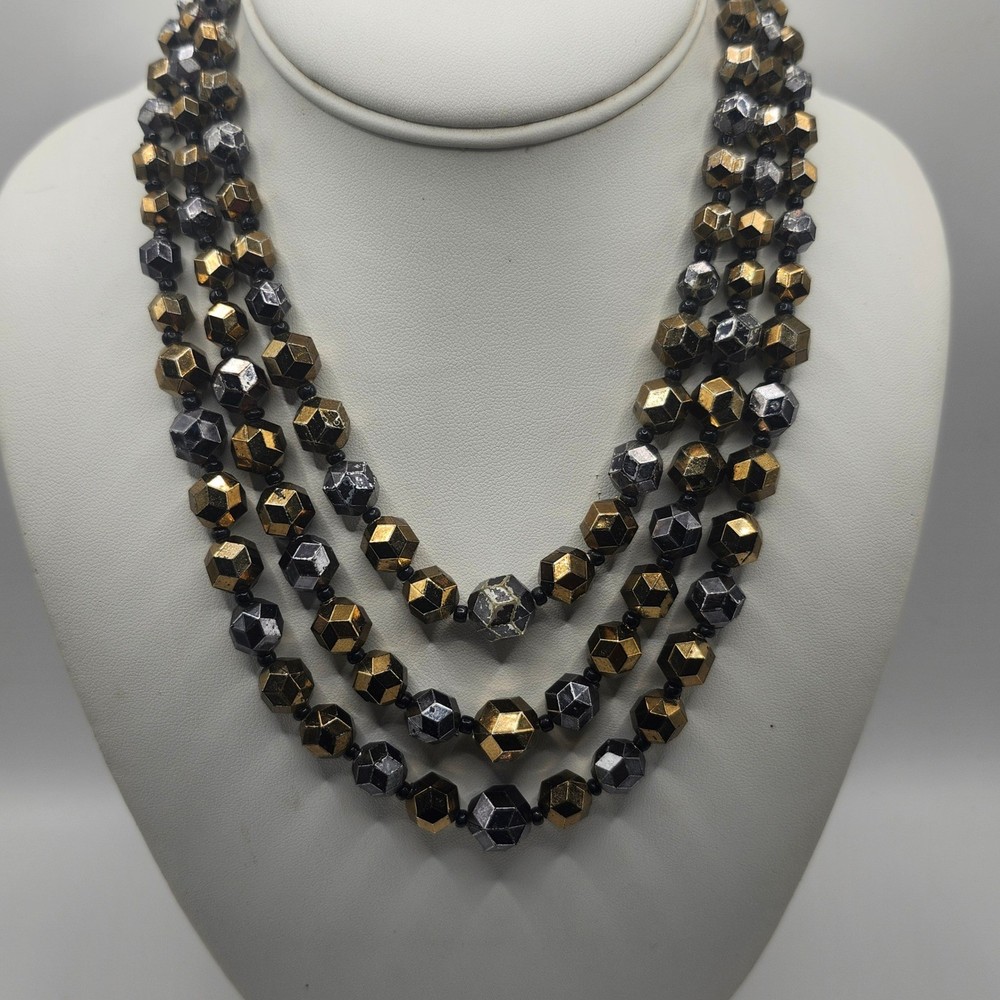 Vintage W Germany Multi Strand Beaded Necklace Gold Silver Tone Geometric READ
