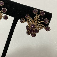 Vintage Purple Rhinestone Floral Cluster Clip-On Earrings Gold Tone