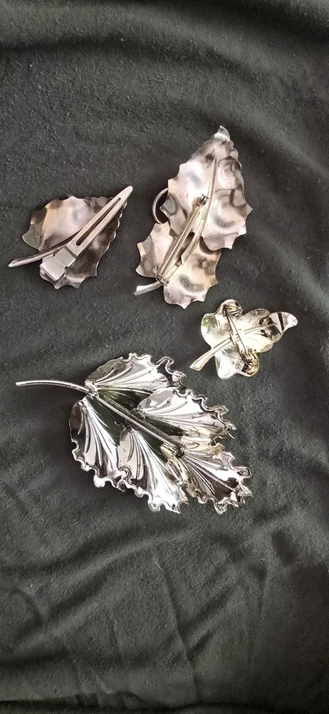 Silver Tone Leaf & Flower Brooch Pin Lot, 4 Pieces Metal Fashion Jewelry Women