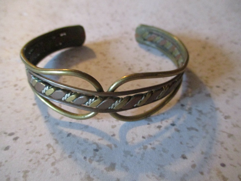 VINTAGE, CUFF BRACELET, COPPER, BRASS, TWISTED SILVER, INTRICATE DESIGN 2.25″ W