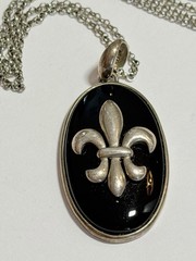 Vintage Sterling Silver 925 Black Onyx Fleur De Lis Pendant Necklace Italy Chain