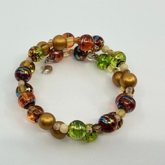 Vintage Gold Tone Lampwork Art Glass Beaded Coil Wrap Bracelet Chunky Boho 90s