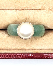 Vintage 925 China Green Jade Jadeite 6.5 Mm Pearl Ring Statement Piece Runway
