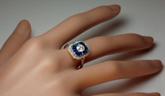 Art Deco Round Lab Created Diamond & Sapphire Wedding 14K White Gold Finish Ring