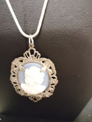 Oval Cameo Pendant Necklace Silver Tone Filigree Frame 925 Chain