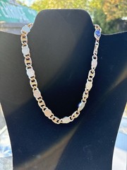 Vintage Gold Tone Blue Cabochon Faux Pearl Link Necklace Statement Chain