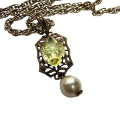 Vintage Filigree Pendant Necklace Yellow Citrine Glass Pearl Drop Gift For Her