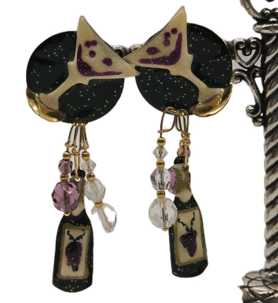 Lunch at The Ritz Champagne Brunch Pierced Earrings Hand Signed Rare Vintage