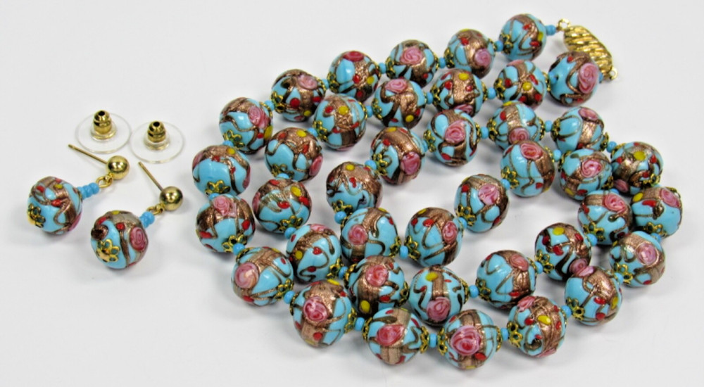 Italy WEDDING CAKE Gold Pink Red Blue Bead Strand NECKLACE Pierced EARRINGS SET