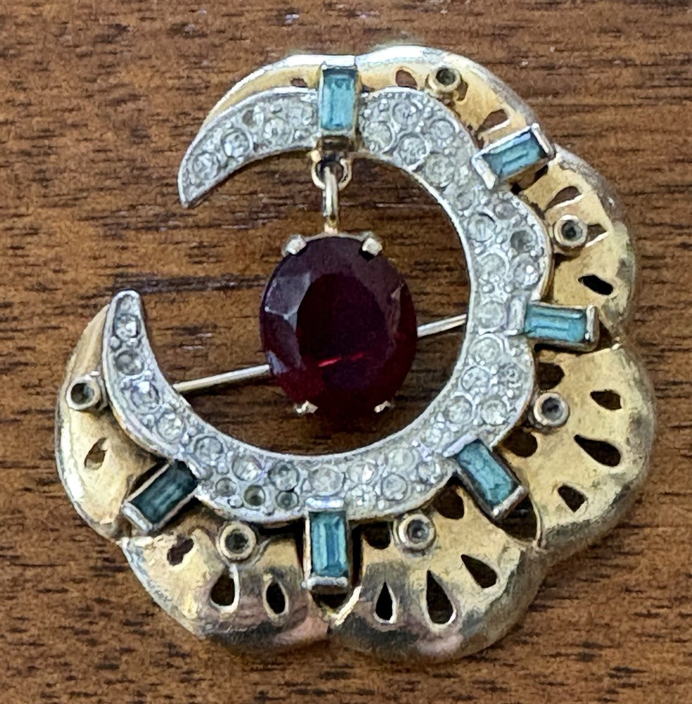 Mid Century Crescent Moon W/ Garnet & Aquamarine & Rhinestones, Gold Tone READ