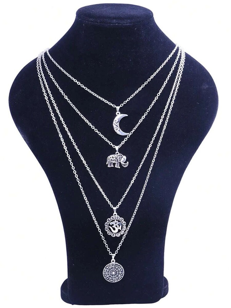 Chic Trendy Boho Multi-Strand Chains Silver Tone Moon Elephant 20-26″ Necklace