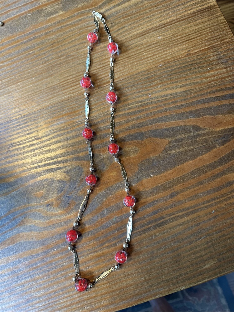 Vintage Murano Style Venetian Art Glass Necklace Red Encased Glass Beads Italy