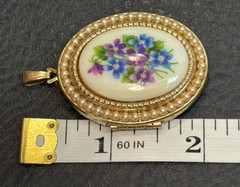 Vintage Large 2” Avon Violet Flower Bouquet Faux Seed Pearl Cameo Locket Pendant