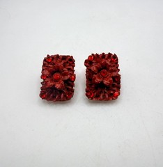 Vintage Jeff Lieb red wicker wood rhinestone flower rectangle clip on earrings