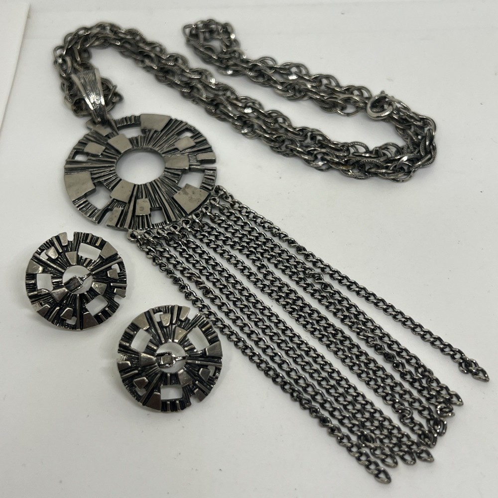 Vtg Sarah Coventry Pewter-Tone Mid-Century Modernist Style 22” Necklace Earring