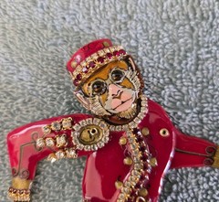 Vintage RARE Lunch At The Ritz Articulating Monkey Grinder Enamel Crystal Brooch