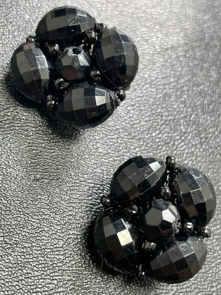 GERMANY Signed Vintage Black Beaded Cluster Earrings
